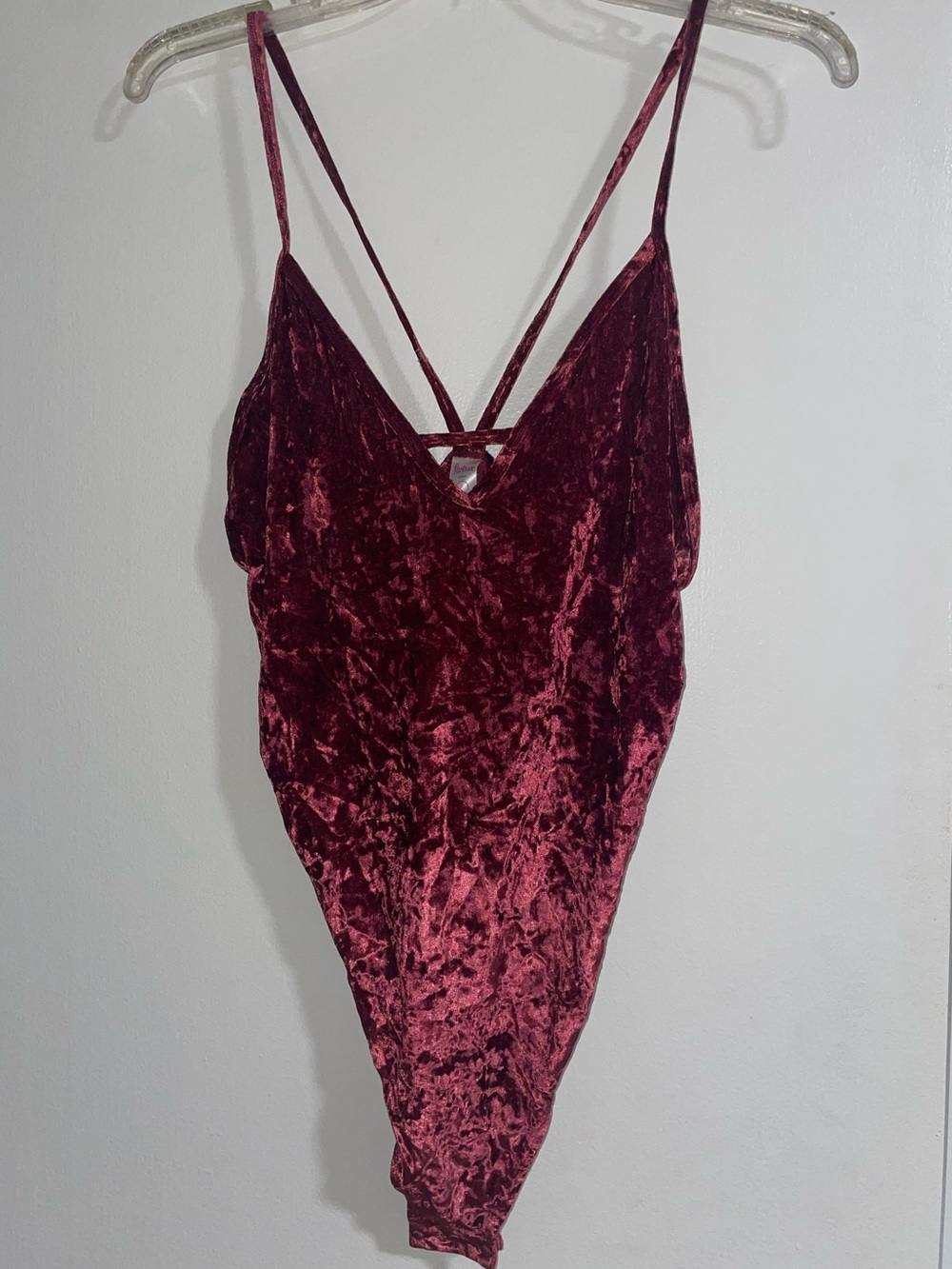 flirtitude Velvet Satin Strappy V-Neck Bodysuit in Wine